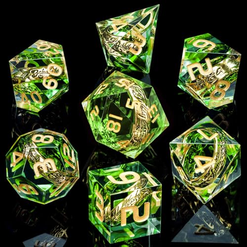 Magic Golden Ring DND Dice with Box, Green Sharp Edge Handmade D and D Polyhedral Dice for use with D&D Tabletop Games RPG, Lord Resin Dice D20 D12 D10 D8 D6 D4 - color: Ring - Green-1