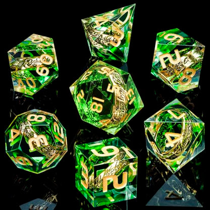 Magic Golden Ring DND Dice with Box, Green Sharp Edge Handmade D and D Polyhedral Dice for use with D&D Tabletop Games RPG, Lord Resin Dice D20 D12 D10 D8 D6 D4 - color: Ring - Green-1