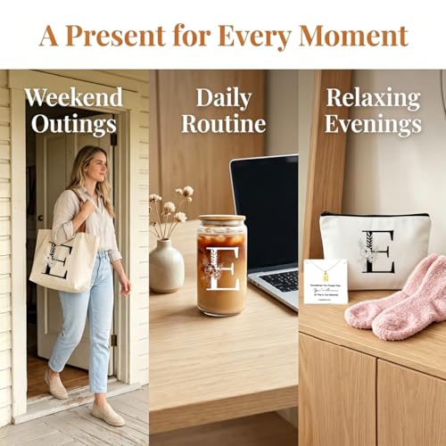 DHQH Birthday Gifts for Women, Monogrammed Gifts Box Included 16 oz Initial Glass Drinking Cup,Canvas Tote Bag, Personalized Iced Coffee Tumbler Gift for Women Her Mom Teacher Friends Sister, E - color: letter-cup-e