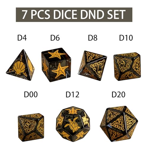 LUCKY-M Turtle Dice DND Set 7PCS, Polyhedral Dice D&D for Dungeons and Dragons, Black Dice with Case for RPG MTG Tabletop Games Men & Women Gift(Black) - color: Pt-black