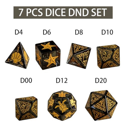 LUCKY-M Turtle Dice DND Set 7PCS, Polyhedral Dice D&D for Dungeons and Dragons, Black Dice with Case for RPG MTG Tabletop Games Men & Women Gift(Black) - color: Pt-black