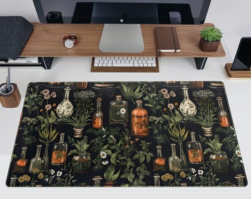 Black Aesthetics Desk Mat Mouse Pad Large Gaming Mouse Pad Desk Pad Mousepad, Mystical Green Plant Computer Laptop Keyboard and Mouse Mat, Desktop Protector Mat for Women Girl Office 31.5x15.8 in - color: Black Mystical Green Plant