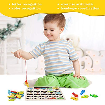 Magnetic Wooden Fishing Game Toy for Toddlers, Alphabet Fish Catching Counting Games Puzzle with Numbers and Letters, Preschool Learning ABC Math Educational Toys 3 4 5 Years Old Girl Boy Kids - color: Multicolor