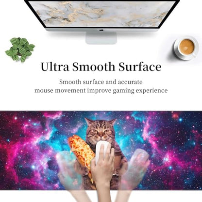 Funny Space Cat Large Mouse Pad, XL Extended Gaming Mousepad (31.5 x 11.8 in), Non-Slip Rubber Base Desk Mat with Stitched Edges for Office & Gaming, Pizza & Coffee Design - color: 22