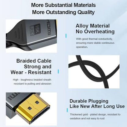 16K HDMI 2.2 Cable 1.5FT, 96Gbps Ultra High Speed 16K@60Hz 8K@120Hz 4K@480Hz HDMI Cord, HDCP 2.3 & HDR10 HDMI Cables for PS5/Xbox Series X|S/Roku TV/Gaming PC/Monitor/Blu-ray/Projector - size: 0.5M 1.5FT