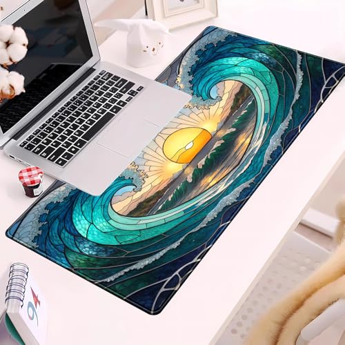 YKJWW Beach Sunset Desk Pad Cute Large Mouse Keyboard Desk Mat, Aesthetic Cute Gaming Desk Keyboard Mats for Desk Mat, Faux Stained Glass Sunset Mousepad Southwest Landscape Desk Pad 31.5x15.7 in - color: Blue Beach