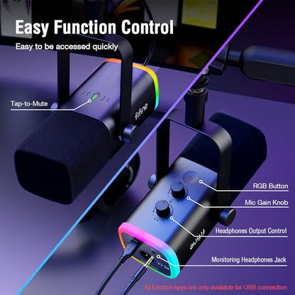 FIFINE Gaming Microphone and Low Profile Arm Stand Bundle, XLR/USB Dynamic Mic with Mute Button, RGB Light, Desktop Stand, Adjustable Boom Arm Kit with Screw Adapter for Streaming Studio (AM8+BM88)