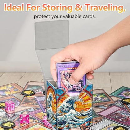 Card Deck Box, Card Storage Box Fits 100+ Single Sleeved Cards, Large Capacity PU Leather Card Storage Box with Strong Magnet for Magic Commander TCG/CCG, Japanese Wave - color: Japanese Wave