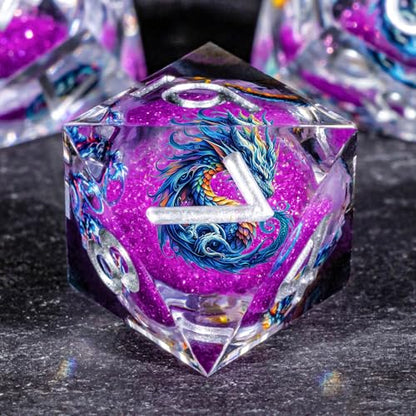 OUKELANWO Liquid Core Dragons Stickers DND Dice Set D&D, 7Pcs Dungeons D and D Role Playing Dice with Gift Box, Resin Sharp Edge Dice D20 D12 D10 D8 D6 D4, Purple White - color: Purple
