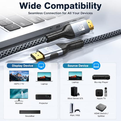 Long 8K HDMI Cable 15FT, 48Gbps Ultra High Speed 8K@60Hz 4K@120Hz Gaming HDMI 2.1 Cable Cord, Dynamic HDR, eARC HDCP 2.2&2.3, DTS:X,RTX 3090 for PS5 Xbox SoundBar UHD TV Monitor