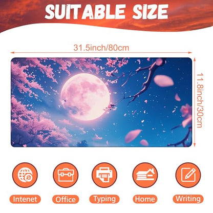 Large Gaming Mouse Pad for Desk, Falling Cherry Blossoms Desk Mat, Bright Full Moon Desk Pad, 31.5"x15.7" Extended Big Computer Keyboard Mouse Pad with Non-Slip Base and Stitched Edge - color: Falling Cherry Blossoms