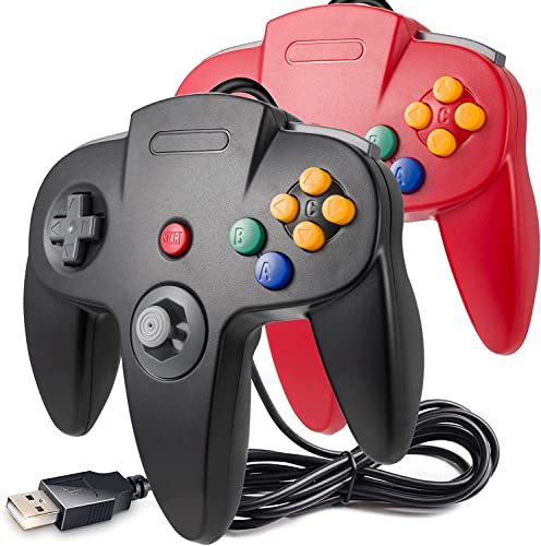 2 Pack USB Wired N64 Controller, miadore Classic N64 PC Gamepad Joystick Controller for Windows PC MAC Linux Raspberry Pi 3 (Black/Red) - color: Black/Red