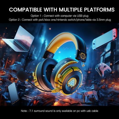 EKSA USB Gaming Headset for PC, Computer Gaming Headphones with Detachable Microphone Noise Cancelling, 7.1 Surround Sound, 50MM Driver, Wired Headset for PS4 PS5, Xbox One, Laptop (Yellow) - color: Yellow