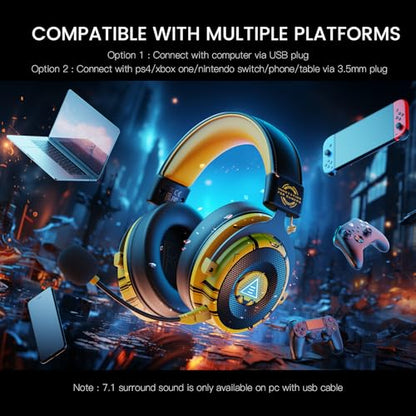 EKSA USB Gaming Headset for PC, Computer Gaming Headphones with Detachable Microphone Noise Cancelling, 7.1 Surround Sound, 50MM Driver, Wired Headset for PS4 PS5, Xbox One, Laptop (Yellow) - color: Yellow