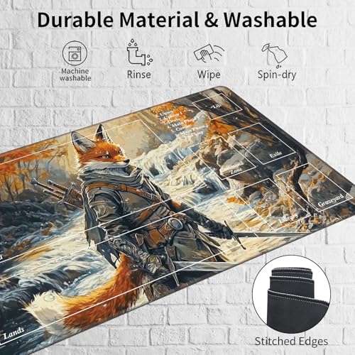 MTG Playmat with Magic Zone 27.5 x 15.7in Includes Storage Bag,TCG Playmat with Soft Surface Premium Non-Slip Rubber Backing Stitched Edges Durable Gaming Mat,Fox Knight - color: Fox Knight, size: 27.5"×15.7"With Zones