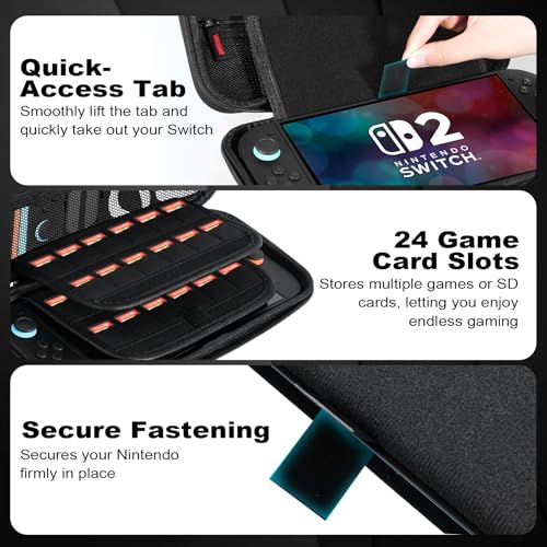 MoldRaychi Hard Shell Carrying Case for Nintendo Switch 2 (2025), Travel Pouch with 24 Game Card Slots & Accessory Pocket, Shockproof Portable Storage Bag for Console, Joy-Cons and Charger, Black