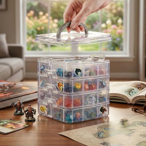 PUGED DND Dice Storage Box with Removable Dividers Polyhedral Dice Plastic Organizer Holding Up To 1200 Dices Craft Bead Compartment Container with Stickers for Sewing, Jewelry, Art, DIY - size: 4 layers
