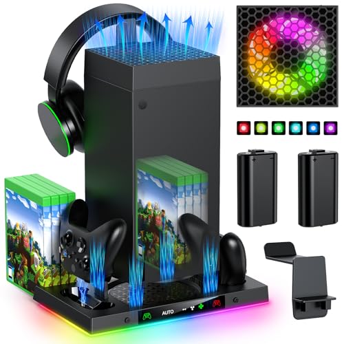 Auto Cooling Fan Charge Stand Accessories for Xbox Series X Console (Black) | Wireless Dual Charger Dock with 15 Lights for Xbox X Controller, 2*Rechargeable Batteries, Headset Stand & Game Disc Storage - color: Black