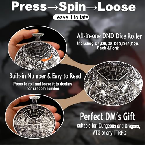DND Dice Roller D4-D20 Metal Pocket Watch 3D Dragon Art Silver | All-in-one dnd spinner dice. metal pocket watch design.press to roll. zinc alloy metal. mtg ttrpg gifts - color: Dice Roller-silver
