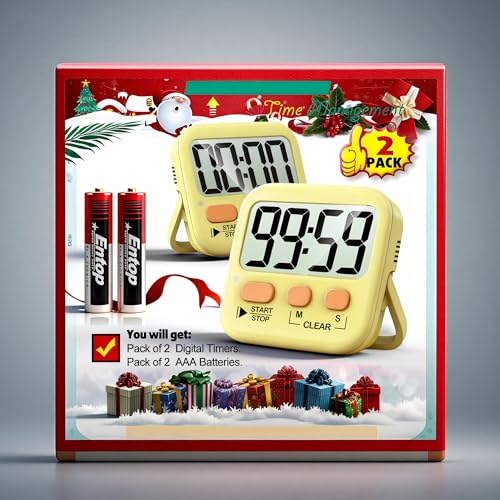 2 Pack Digital Timer for Kids Classroom Kitchen Timers for Cooking | w/ Battery, Easy to View, Alarm, Mute Mode, Count Down/Up, Magnetic, Kickstand, Hanging, Classroom Timer for Teacher Supplies - color: Yellow