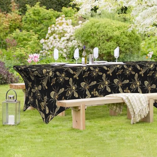 Famame Gold Bee Seamless Rectangular Fitted Tablecloth- 6Ft Stretch Spandex Table Covers Patio Design Tablecloths for Wedding Banquet Party (72Lx30Wx30H) - color: Gold Bees, size: 3" x 1" (Rectangular)
