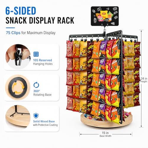 Chip Rack Display Stand, 360° Rotating 6-Sided Chip Holder Display for Countertop with 75 Adjustable Clips, Wooden Base Tray, DIY Message Board & Pen, Snack Display Rack for Concession Stand, Retail, Office, Parties - size: Rotatable use