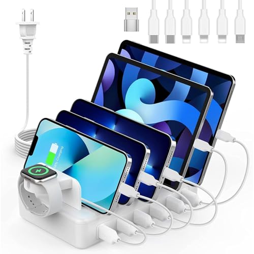 CREATIVE DESIGN Charging Station for Multiple Devices, 50W 6 Ports Charging Dock with 6 Cables Compatible with Cellphone,Tablet, Kindle, Apple Watch and Other Electronic - color: White