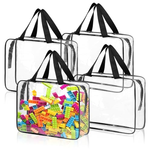 4 Pack Toy Storage Organizer Bags with Zipper, Clear PVC | Large Black Waterproof Reusable Toy Bags for Puzzles, Building Blocks, Board Game, Stationery, Kids Books