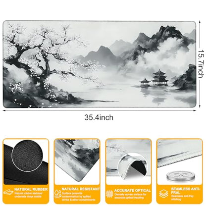 Large Mouse Pad Black and White Cherry Blossoms Waterproof Extra Large Mousepad with Stitched Edges Non-Slip Rubber Base Computer Protector Desk Pad for School Office Home 35.4"X 15.7" - color: Cute Green Frog Plant