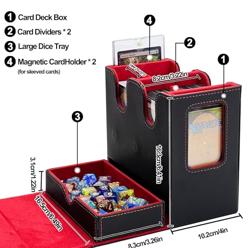 MTG Commander Deck Box, Trading Card Storage Box with Handle & Dice Tray Holds to 230+ Double Sleeved Cards, Durable Button Design Double Deck Box Suitable for CCG/TCG/Sports Cards (Black&Red)