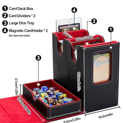 MTG Commander Deck Box, Trading Card Storage Box with Handle & Dice Tray Holds to 230+ Double Sleeved Cards, Durable Button Design Double Deck Box Suitable for CCG/TCG/Sports Cards (Black&Red)