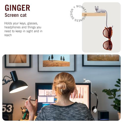 Monkey Business Ginger The Cat Tail Hook for Computer Screen, Tight Spaces, Hang Keys, Accessories in Easy Reach (White) - color: White