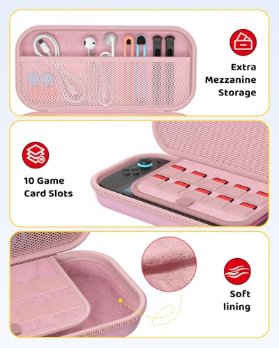 Switch 2 Slim Hard Shell Carry Case for Nintendo Switch 2 2025/Switch/OLED | Hard Shell Carrying Case with Soft Lining, 10 Card Slots, Durable Ballistic Nylon, Soft Silicone Handle, Switch2 Carry Case - color: Pink