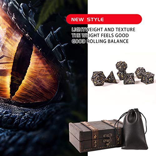 AncientDeer DND Dice Set 7 Pieces D&D Pure Copper Hollow Polyhedral | DND Dice W/ Gift Box & Dice Bag for DND RPG Explorers Savage World and Table DND Dungeons and Dragons Role Playing - color: Black Gold