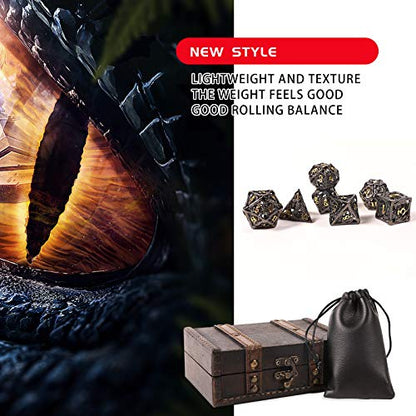 AncientDeer DND Dice Set 7 Pieces D&D Pure Copper Hollow Polyhedral | DND Dice W/ Gift Box & Dice Bag for DND RPG Explorers Savage World and Table DND Dungeons and Dragons Role Playing - color: Black Gold