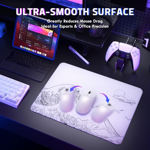 Attack Shark CM05SE Glass Gaming Mousepad,Nano-Micro-Etched Texture,Smooth Glass Surface,High Accuracy,Fast-Moving,Anti-Scratch, PU Leather Super Non-Slip Base,Small Size(16.1×12.2"),White Waves - color: White waves, size: 16.1L x 12.2W inches