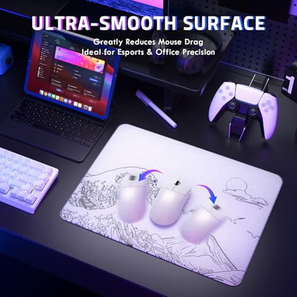 Attack Shark CM05SE Glass Gaming Mousepad,Nano-Micro-Etched Texture,Smooth Glass Surface,High Accuracy,Fast-Moving,Anti-Scratch, PU Leather Super Non-Slip Base,Small Size(16.1×12.2"),White Waves - color: White waves, size: 16.1L x 12.2W inches