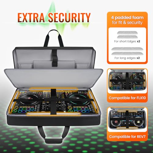 SNIGJAT DJ Controller Case for DDJ FLX10/GRV6/REV5 with Laptop Compartment | Padded Large DJ Controller Bag Fits DDJ REV7/REV5/FLX6/1000, Gig Bag with Multi-Pocket and Adjustable Shoulder Strap - color: Black, style: No Wheels
