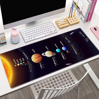 Black Large Gaming Mouse Pad with Stitched Edges, Desk Pad Extended Keyboard Mat, Non-Slip Rubber Base Mousepads for Laptop, Office, Home, 31.5X11.8 inch Solar System with Scientific Information - color: Solar System With Scientific Information