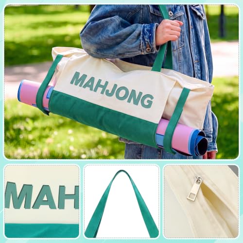 Abbylike 28x9 Inches Mahjong Bag for Rolled Mat Tiles Racks Pushers Accessories Empty Mahjong Tote Bag with Zipper Closure Outer Pockets Lining Large Capacity (Beige&Teal,Canvas) - color: Beige&teal