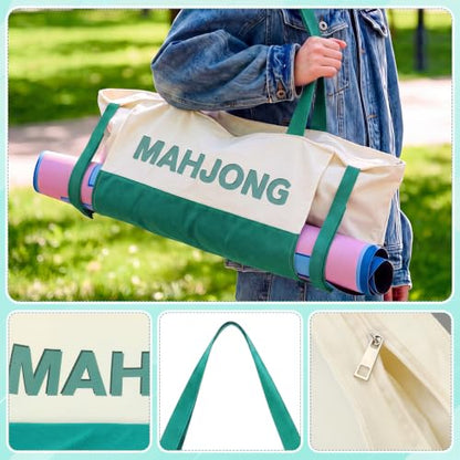 Abbylike 28x9 Inches Mahjong Bag for Rolled Mat Tiles Racks Pushers Accessories Empty Mahjong Tote Bag with Zipper Closure Outer Pockets Lining Large Capacity (Beige&Teal,Canvas) - color: Beige&teal