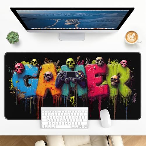 Large Gaming Mouse Pad, XL Desk Protector, Non-Slip Base | 31.5x15.7 in Extended Desk Mat with Stitched Edges for Keyboard, Work, Game, Office, Home PC and Laptop - color: Gamer Art