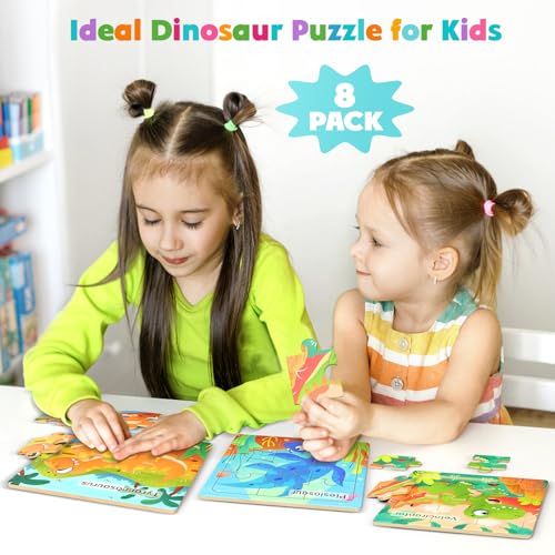 Zeoddler Wooden Puzzles for Toddlers, 8 Pack Dinosaur Jigsaw Puzzles for Kids3-5, 9 Pieces Preschool Learning Activities, Learning & Educational Puzzles, Gift for Boys, Girls - style: Dinosaur