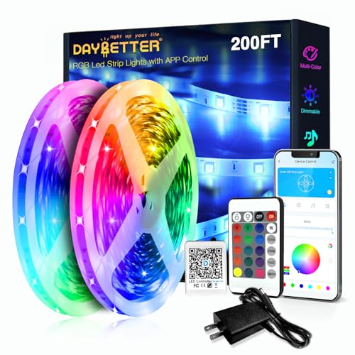 DAYBETTER LED Strip Lights 200ft 2 Rolls 100ft, RGB Color Changing Light Strips with Remote & 24V Power Supply, Indoor Decor Lights for Bedroom Desk Room, Birthday Gifts for Girls Boys - size: 200FT