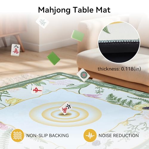 32.4x32.4 Inch Floral Mahjong Mat 3 MM Noise Reduction | Countryside Home Style Non-Slip No Creases with Tropical Plants Carrying Bag for Poker, Card, Board & Tile Games, Dominoes - color: Morandi Green