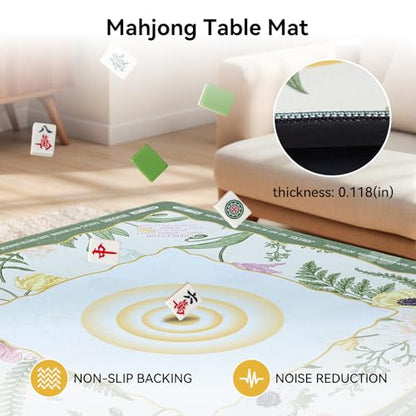 32.4x32.4 Inch Floral Mahjong Mat 3 MM Noise Reduction | Countryside Home Style Non-Slip No Creases with Tropical Plants Carrying Bag for Poker, Card, Board & Tile Games, Dominoes - color: Morandi Green