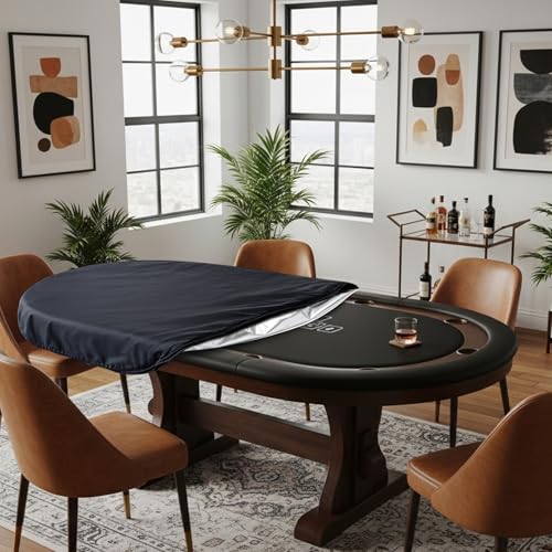 Macarrie Oval Poker Table Dust Cover Black Heavy Duty Water-Tight Dust Proof Protective Vinyl Poker Table Dust Cover with Elastic Band Hem for Home Game Rooms Casinos Easy to Slip on - size: 84"l X 42"w