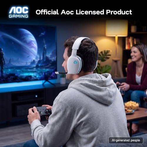 AOC 2.4GHz Wireless Gaming Headset for PS5, PS4 Fortnite & Call of Duty/FPS Gamers, PC, Switch, Bluetooth 6.0 Gaming Headphones with Noise Canceling Mic, 7.1 Virtual Surround, 45Hr Battery -White - color: White