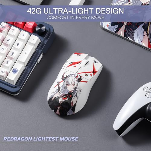 Redragon M916AK PRO 3-Mode Anime Gaming Mouse, 42G Ultra-Light 26K DPI Gaming Mouse w/Ergonomic Natural Grip Build, Full Programmable Buttons, Software Supports DIY Keybinds & DPI - color: WT-SE, style: 1K Hz