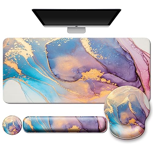 4 in 1 Mouse Pad Set with Wrist Rest for Keyboard,Desk Mat,Coaster-Marble | Desk Matt for Desktop Cute Ergonomic Keyboard Pad Support For Gaming Computer Women Office Home Decor - color: C1-Blue and Purple Marble